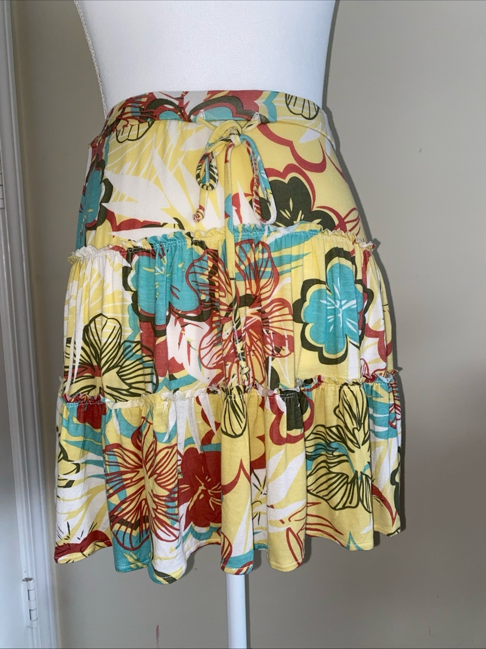 American Rag Yellow Floral Tiered Mini Skirt with Teal Accents